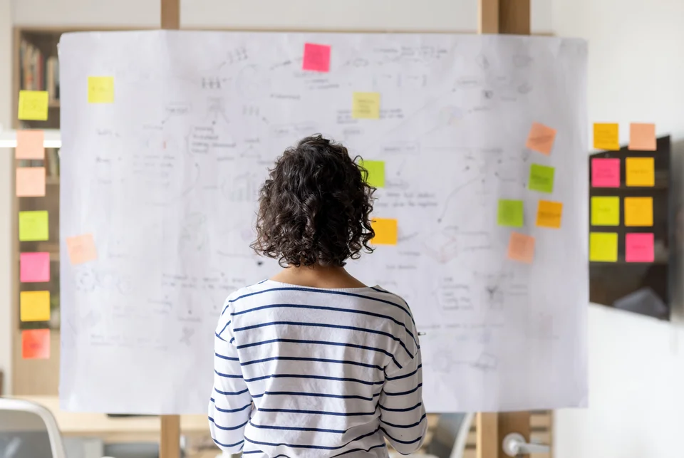 Eine Frau steht vor einem weißen Plakat auf dem Notizen und Post-It's sind