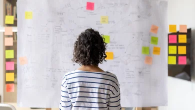 Eine Frau steht vor einem weißen Plakat auf dem Notizen und Post-It's sind