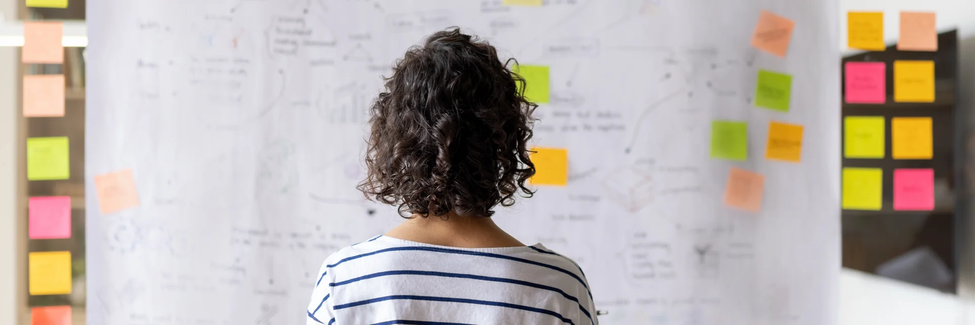 Eine Frau steht vor einem weissen Plakat auf dem Notizen und Post-It's sind
