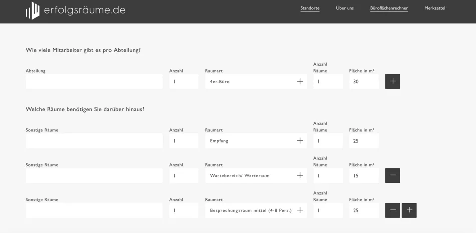 Screenshot der Auswahlmöglichkeiten im Büroflächenrechner